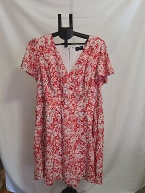 Lane Bryant Coral Red Floral V-Neck Mini Dress